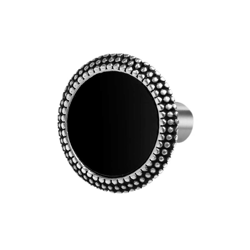 S.S. SINGLE EARRING ROUND WITH BLACK ENAMEL S.steel single round earring 12 mm diameter with on the edge dots texture by casting S.S. SINGLE EARRING ROUND WITH BLACK ENAMEL S.steel single round earring 12 mm diameter with on the edge dots texture by casting