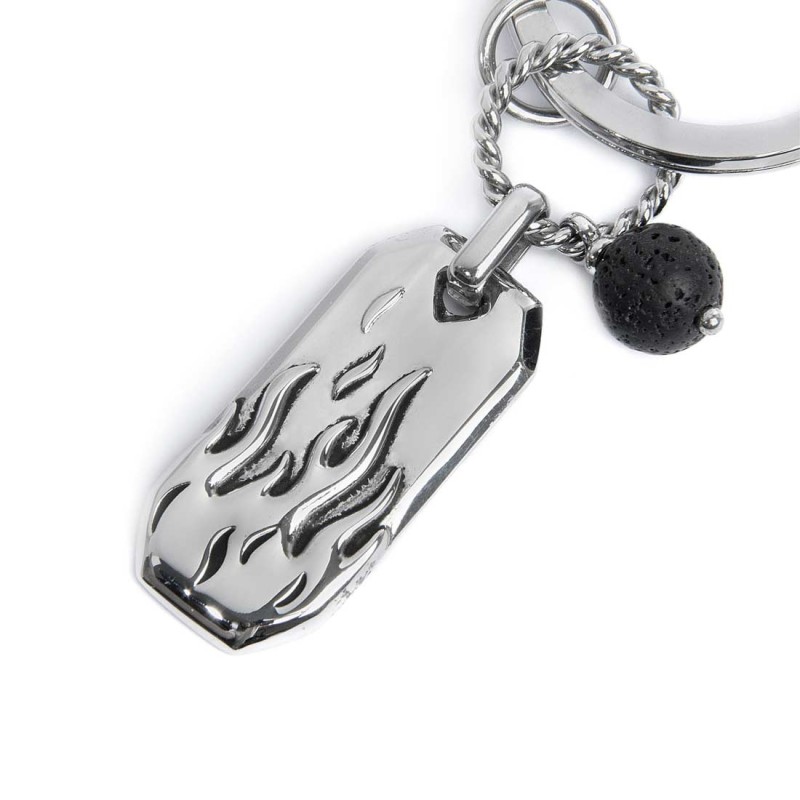S.STEEL KEYRING PLATE AND LAVA STONE PENDANT S.steel keyring 30 mm diameter, 2,70 mm width, 2,70 mm thickness, lasered Marlù lo