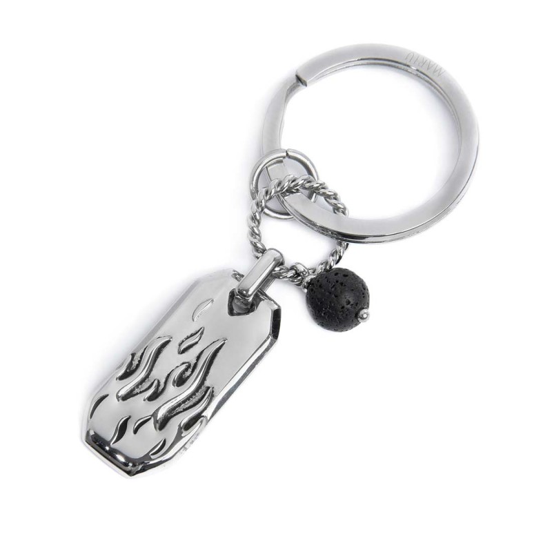 S.STEEL KEYRING PLATE AND LAVA STONE PENDANT S.steel keyring 30 mm diameter, 2,70 mm width, 2,70 mm thickness, lasered Marlù lo