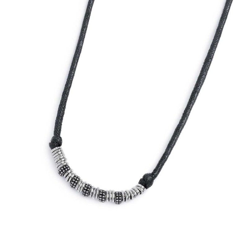 S.STEEL NECKLACE WITH BLACK STROBEL AND S.STEEL ELEMENTS Necklace with black strobel 2,90 mm diameter, with s.steel ring 1,20*6
