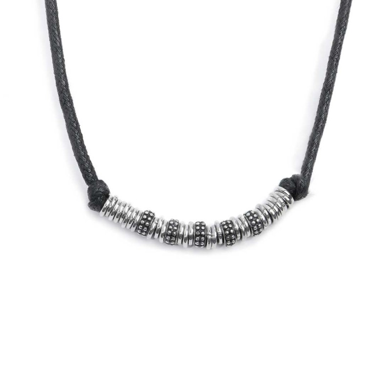 Collana cordino strobel elementi in acciaio con trama puntinata in black oil Collana cordino strobel elementi in acciaio con trama puntinata in black oil