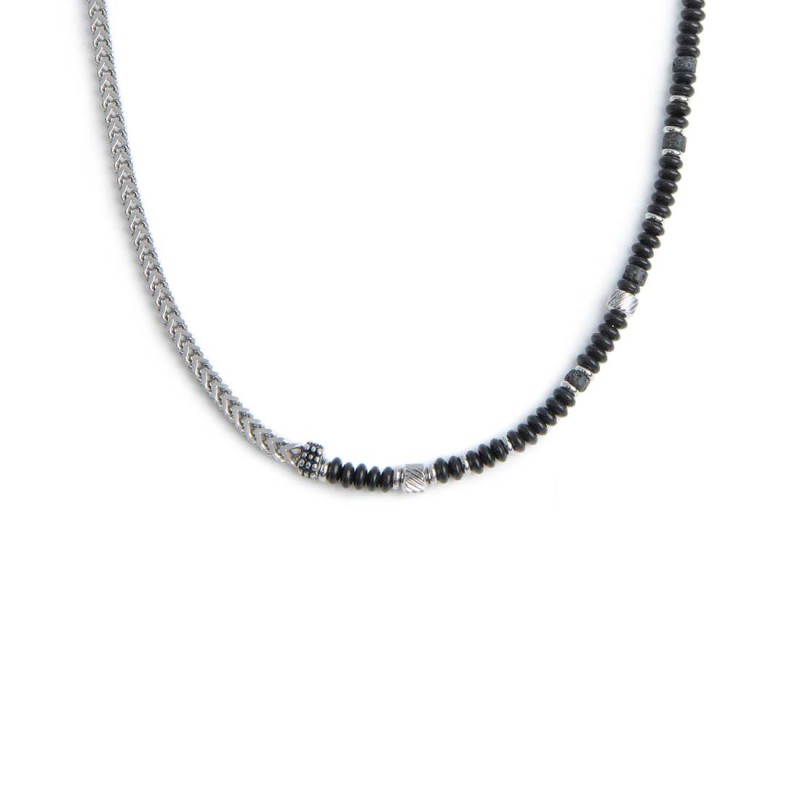S.STEEL NECKLACE FISHBONE CHAIN WITH ONYX AND LAVA STONE S.steel necklace one half part with fishbone chain 3,50 mm width, 3 mm S.STEEL NECKLACE FISHBONE CHAIN WITH ONYX AND LAVA STONE S.steel necklace one half part with fishbone chain 3,50 mm width, 3 mm