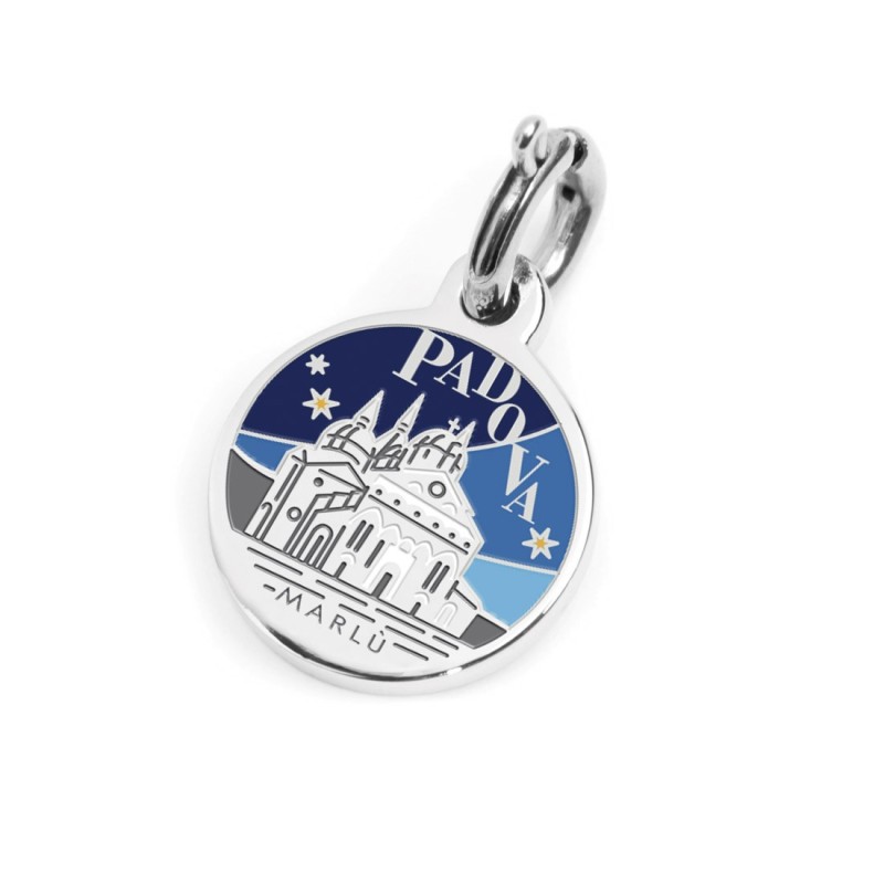 S.STEEL CHARM PADOVA S.steel round charm with Padova city's symbols image, 14 mm diameter. On the front side lettering in black S.STEEL CHARM PADOVA S.steel round charm with Padova city's symbols image, 14 mm diameter. On the front side lettering in black