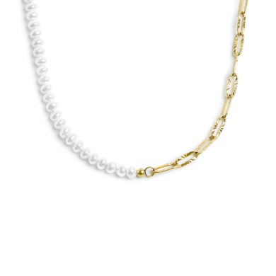 Collana catena figaro e catena con perle bianche irregolari Collana catena figaro e catena con perle bianche irregolari