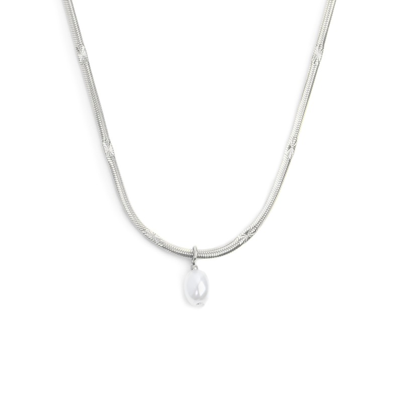 Collana catena snake con perla ovale pendente centrale Collana catena snake con perla ovale pendente centrale