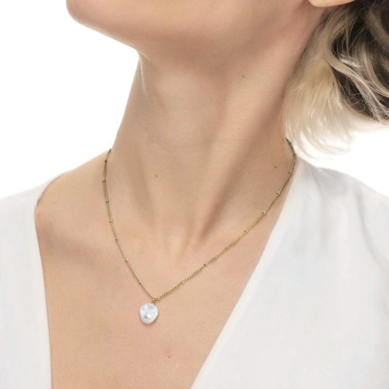 Collana catena grumetta con sfere e perla irregolare pendente Collana catena grumetta con sfere e perla irregolare pendente