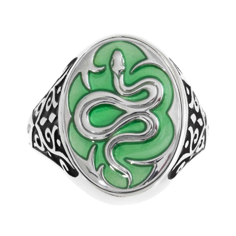 S.STEEL OVAL PLATE WITH SNAKE Polished s.steel oval plate 15,30*20 mm with green transparent enamel, 1,70 mm thickness. The plat