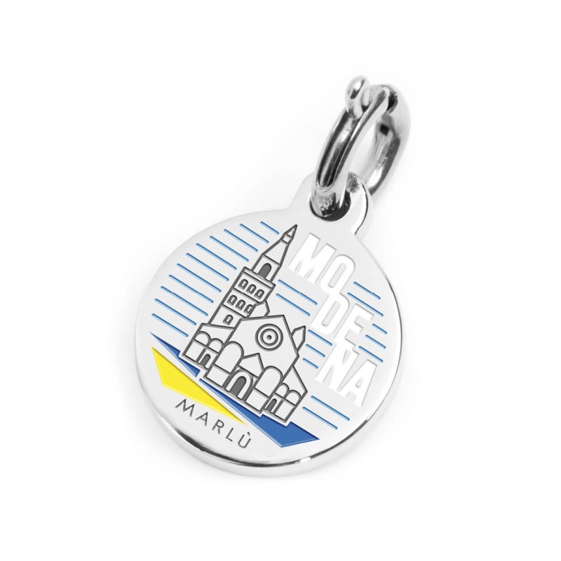 S.STEEL CHARM MODENA S.steel round charm with Modena city's symbols image, 14 mm diameter. On the front side lettering in black S.STEEL CHARM MODENA S.steel round charm with Modena city's symbols image, 14 mm diameter. On the front side lettering in black