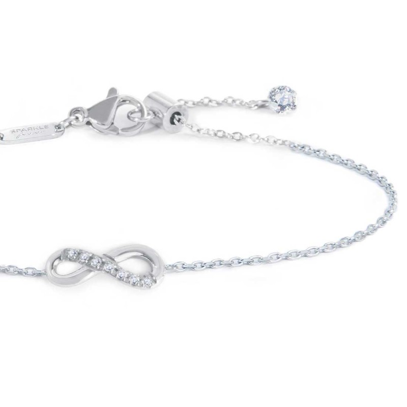 S.STEEL BR WITH INFINITY WITH CZ STONE S.steel bracelet with cutting cross chain, 1,20 mm width, 0,26 mm thickness. On the cente S.STEEL BR WITH INFINITY WITH CZ STONE S.steel bracelet with cutting cross chain, 1,20 mm width, 0,26 mm thickness. On the cente