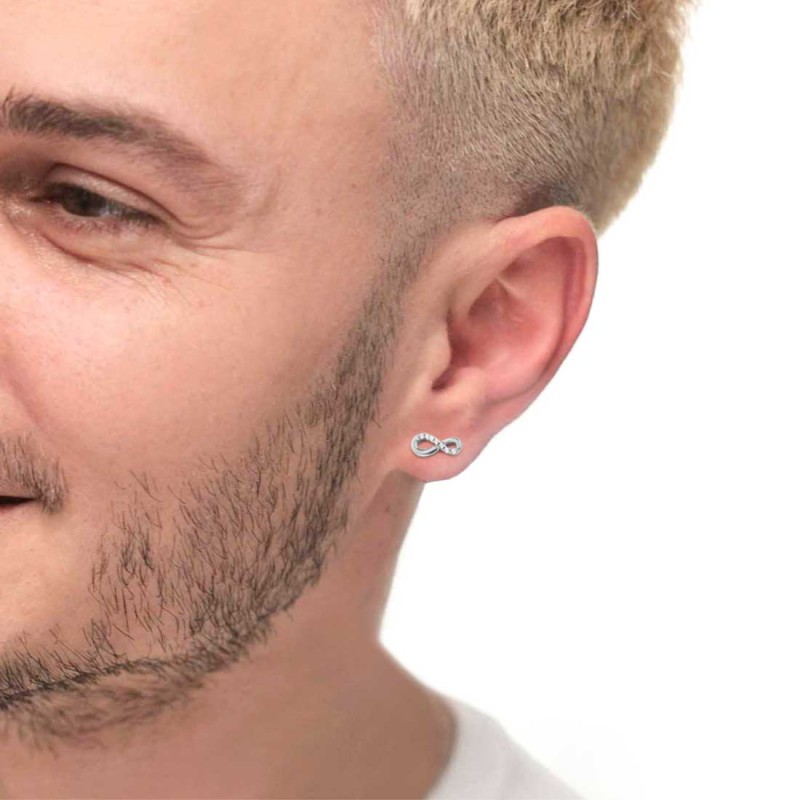 S.S. SINGLE EARRING INFINITY WITH CZ STONE S.steel single earring  made by CNC infinity shape size 4,50*10,20 mm with 6 round wh