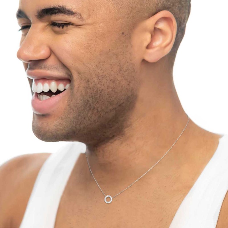 S.STEEL NECKLACE WITH ROUND ELEMENT D8,50MM S.steel necklace with cutting cross chain, 1 mm width, 0,26 mm thickness. On the cen