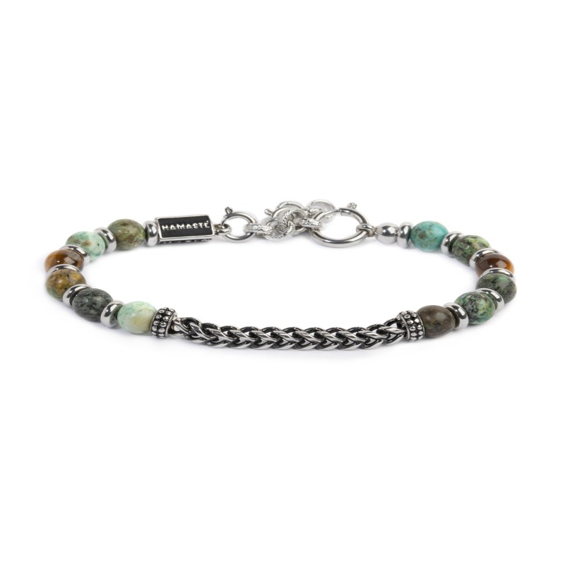 S.STEEL BR AFR. TURQUOISE AND TIGER EYE S.steel bracelet with african turquoise sphere 6,60 mm diameter, alternated with s.steel