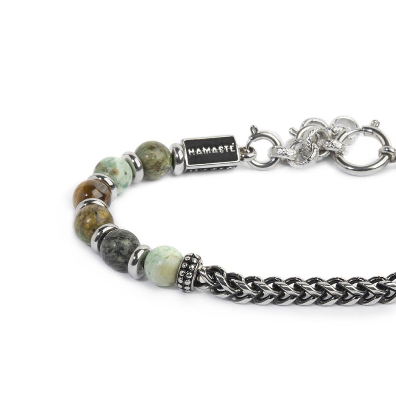 Bracciale sfere in pietra e dischetti acciaio con catena centrale