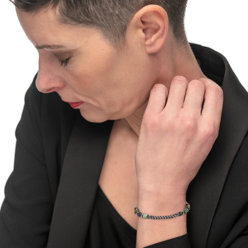 Bracciale sfere in pietra e dischetti acciaio con catena centrale