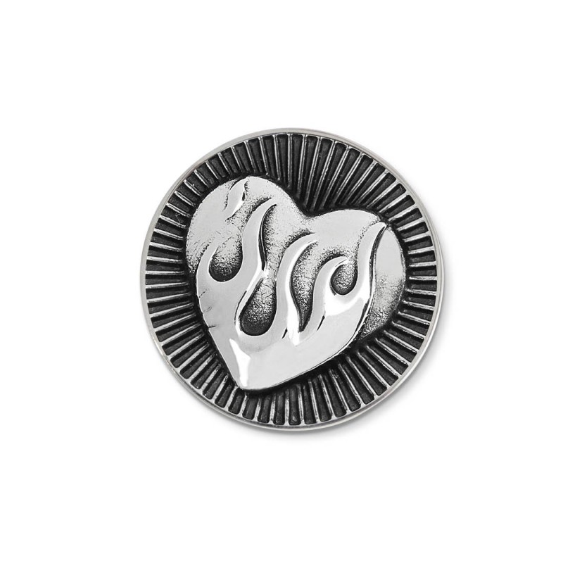 S.STEEL ROUND PLATE WITH HEART WITH FLAMES Polished s.steel round plate by casting 16,10 mm diameter, 1 mm thickness. On the fro S.STEEL ROUND PLATE WITH HEART WITH FLAMES Polished s.steel round plate by casting 16,10 mm diameter, 1 mm thickness. On the fro