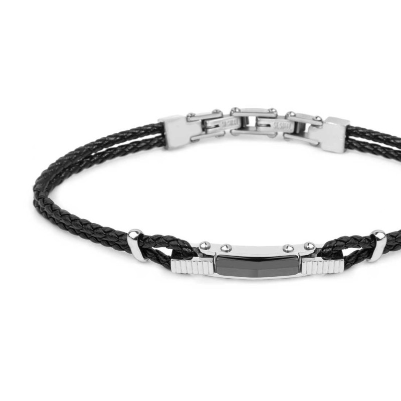 Bracciale pelle nera intrecciata elemento centrale ceramica sfaccettata nera lucida