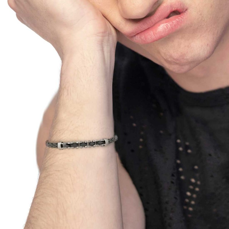 Bracciale catena sonaglio piatta centrale con elementi in ceramica sfaccettata nera lucida