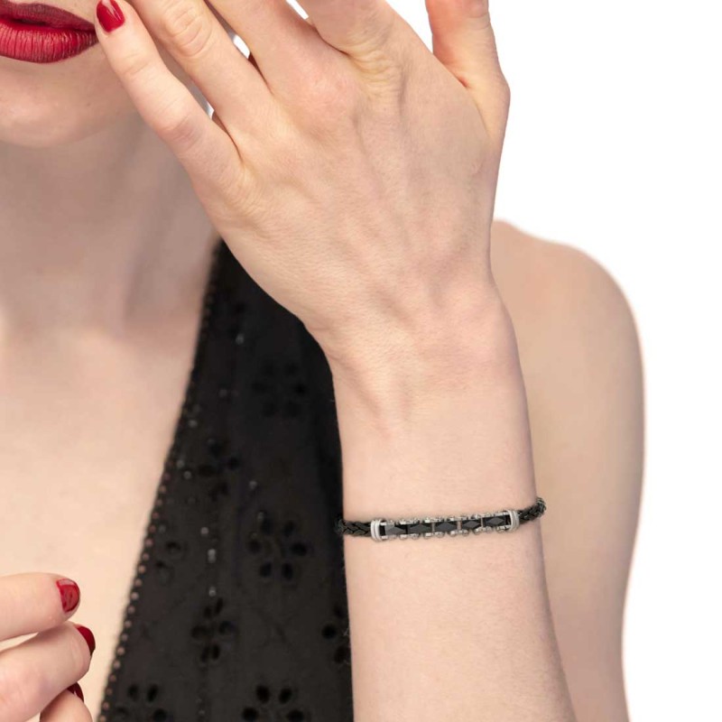 Bracciale catena sonaglio piatta centrale con elementi in ceramica sfaccettata nera lucida