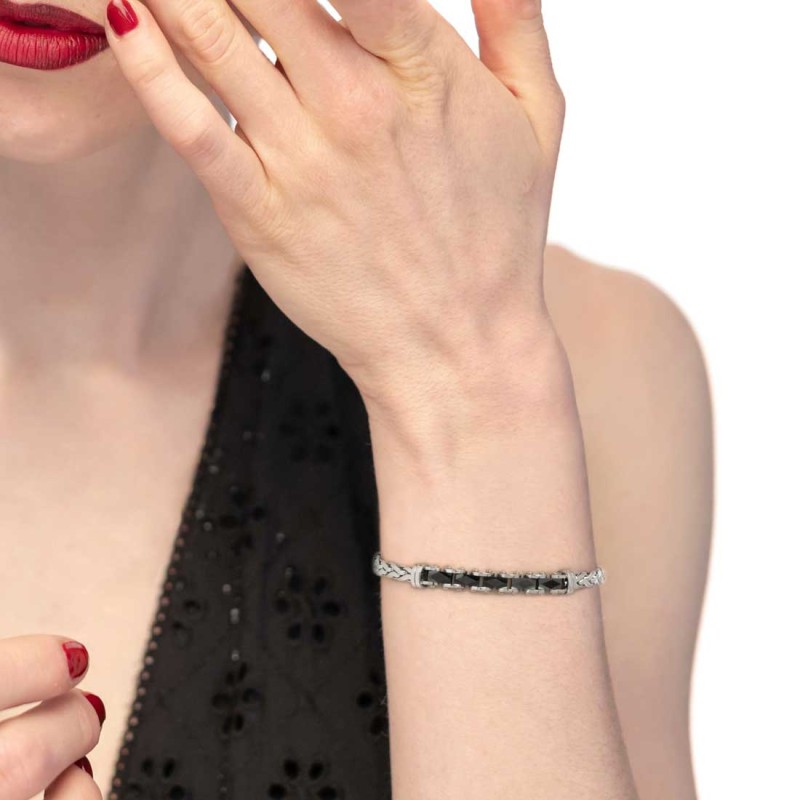 Bracciale catena sonaglio piatta centrale con elementi in ceramica sfaccettata nera lucida