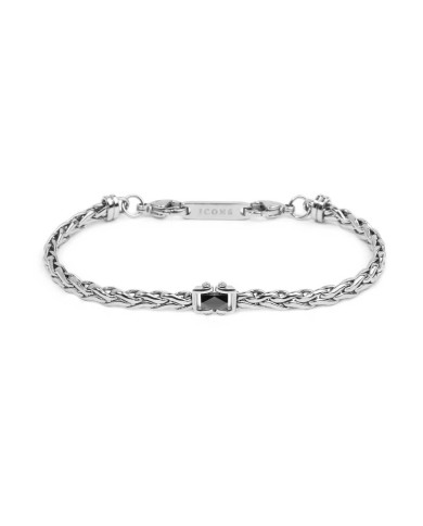 Bracciale catena sonaglio piatta con elemento centrale in ceramica sfaccettata nera lucida