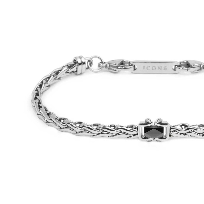 Bracciale catena sonaglio piatta con elemento centrale in ceramica sfaccettata nera lucida