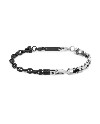Bracciale catena marine e catena con elementi in acciaio e in ceramica sfaccettata nera lucida