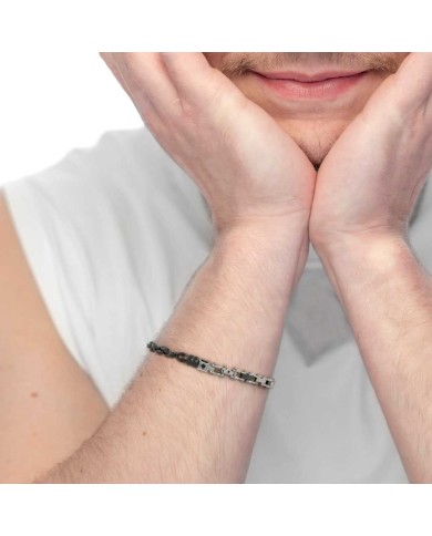Bracciale catena marine e catena con elementi in acciaio e in ceramica sfaccettata nera lucida
