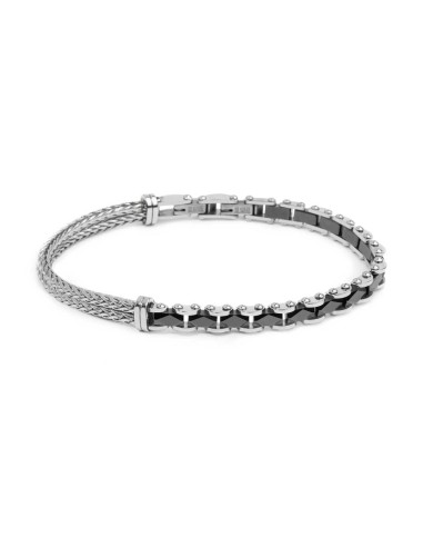 Bracciale catena fishbone doppia e catena con elementi in ceramica sfaccettata nera lucida