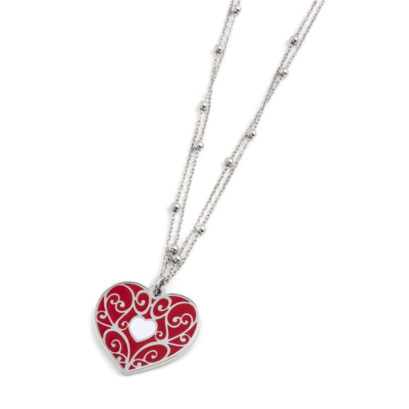 S.STEEL HEART NECKLACE DUOBLE CHAIN S.Steel 30 mm heart necklace with red and white enamel. Double "O"chain 1.5 mm thickness wit S.STEEL HEART NECKLACE DUOBLE CHAIN S.Steel 30 mm heart necklace with red and white enamel. Double "O"chain 1.5 mm thickness wit