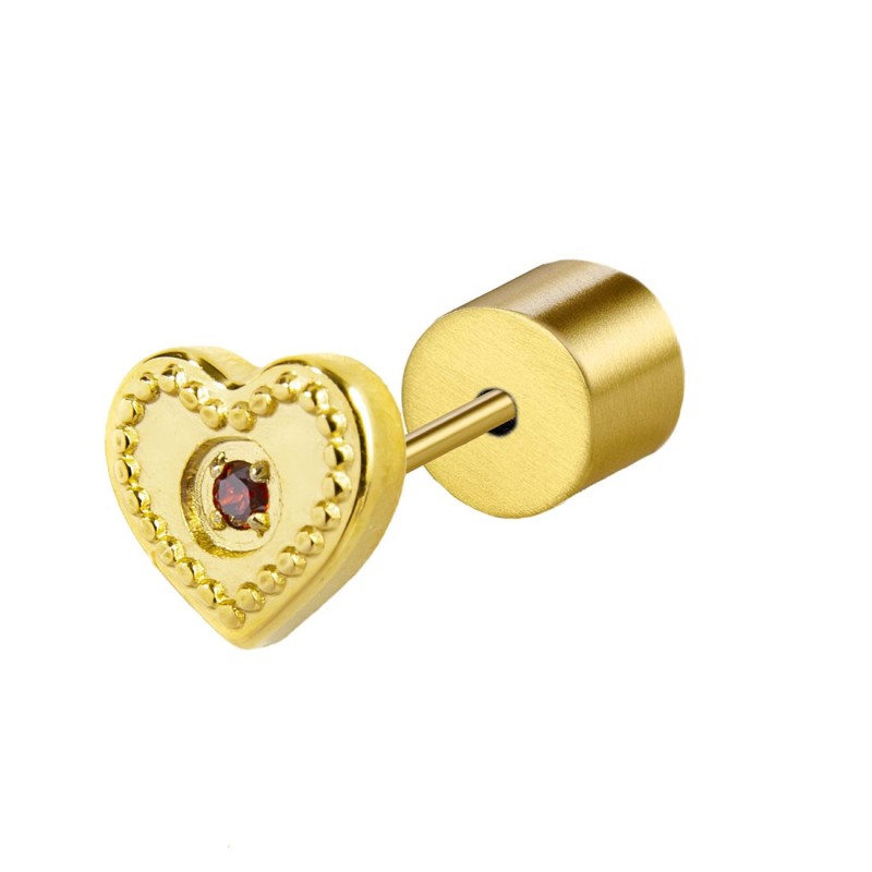 S.S. GOLD IP SINGLE EAR HEART WITH RED CZ STONE S.steel gold ip single earring with heart shape by stamping, 7,43*6,76 mm, 2 mm S.S. GOLD IP SINGLE EAR HEART WITH RED CZ STONE S.steel gold ip single earring with heart shape by stamping, 7,43*6,76 mm, 2 mm