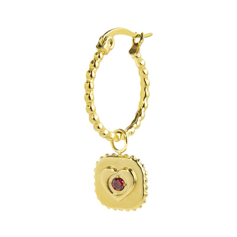 S.S.GOLD IP SINGLE ROUND EAR WITH SQUARED PENDANT S.steel gold ip single round earring with balls texture 16,30 mm diameter, 1,4 S.S.GOLD IP SINGLE ROUND EAR WITH SQUARED PENDANT S.steel gold ip single round earring with balls texture 16,30 mm diameter, 1,4