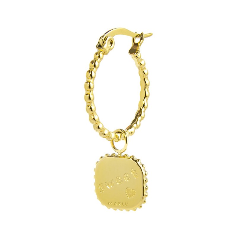 S.S.GOLD IP SINGLE ROUND EAR WITH SQUARED PENDANT S.steel gold ip single round earring with balls texture 16,30 mm diameter, 1,4 S.S.GOLD IP SINGLE ROUND EAR WITH SQUARED PENDANT S.steel gold ip single round earring with balls texture 16,30 mm diameter, 1,4