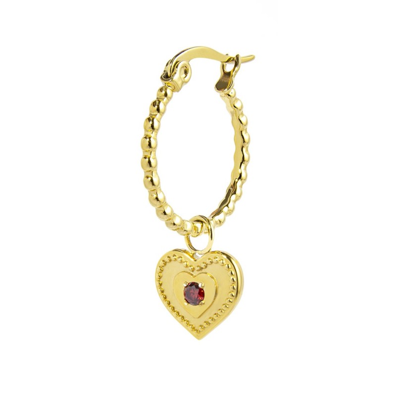 S.S.GOLD IP SINGLE ROUND EAR WITH HEART PENDANT S.steel gold ip single round earring with balls texture 16,30 mm diameter, 1,40 S.S.GOLD IP SINGLE ROUND EAR WITH HEART PENDANT S.steel gold ip single round earring with balls texture 16,30 mm diameter, 1,40