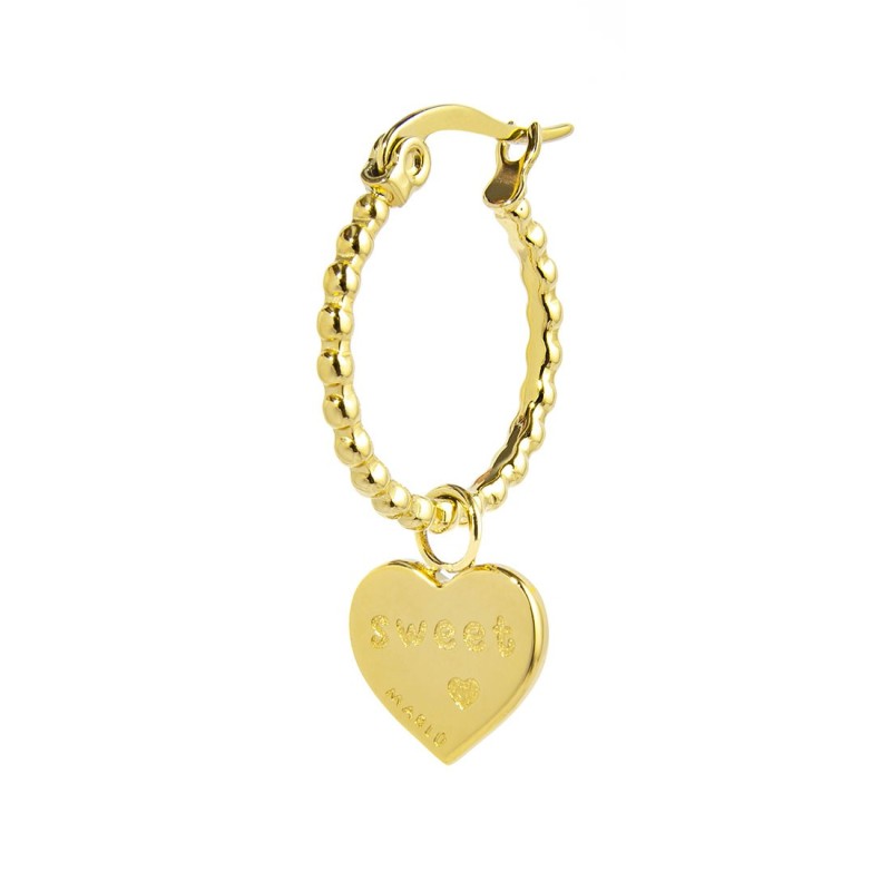 S.S.GOLD IP SINGLE ROUND EAR WITH HEART PENDANT S.steel gold ip single round earring with balls texture 16,30 mm diameter, 1,40 S.S.GOLD IP SINGLE ROUND EAR WITH HEART PENDANT S.steel gold ip single round earring with balls texture 16,30 mm diameter, 1,40