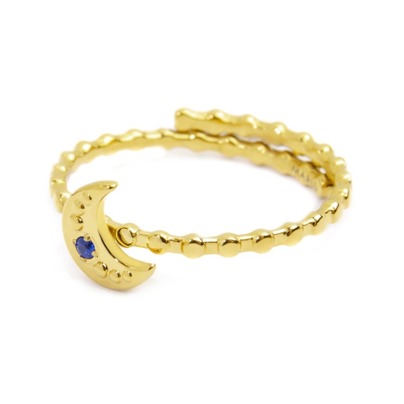 S.S GOLD IP RING MOON WITH BLUE CZ STONE Polished s.steel gold ip ring with dots texuture by stamping, 1,50 mm width, 1,30 mm th