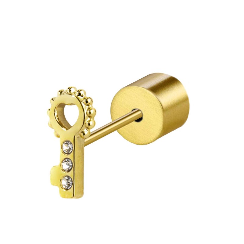 S.S.GOLD IP SINGLE EAR KEY WITH WHITE CRYSTALS S.steel gold ip single earring with key shape by stamping, 4,67*9,14 mm, 1,50 mm S.S.GOLD IP SINGLE EAR KEY WITH WHITE CRYSTALS S.steel gold ip single earring with key shape by stamping, 4,67*9,14 mm, 1,50 mm