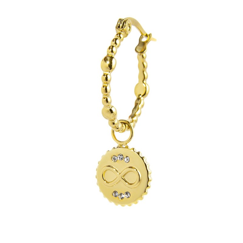 S.S.GOLD IP SINGLE ROUND EAR WITH MEDAL PEND S.steel gold ip single round earring 16,30 mm diameter, 1,40 mm thickness, with bal S.S.GOLD IP SINGLE ROUND EAR WITH MEDAL PEND S.steel gold ip single round earring 16,30 mm diameter, 1,40 mm thickness, with bal