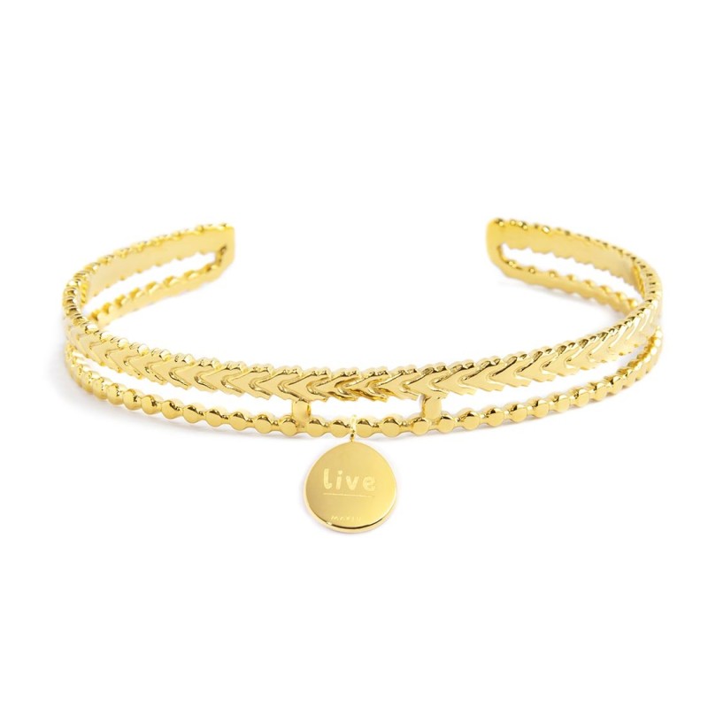 S.S.GOLD IP DOUBLE BANGLE WITH MEDAL S.steel gold ip double bangle size 57*46 mm, with first part chevron texture and second par S.S.GOLD IP DOUBLE BANGLE WITH MEDAL S.steel gold ip double bangle size 57*46 mm, with first part chevron texture and second par