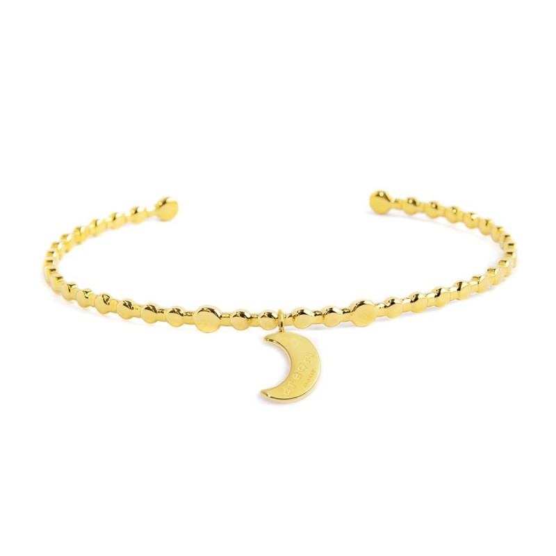 S.S.GOLD IP BALLS BANGLE WITH MOON PENDANT S.steel with gold ip bangle with balls texture by stamping, size 58,80*48 mm. On the S.S.GOLD IP BALLS BANGLE WITH MOON PENDANT S.steel with gold ip bangle with balls texture by stamping, size 58,80*48 mm. On the