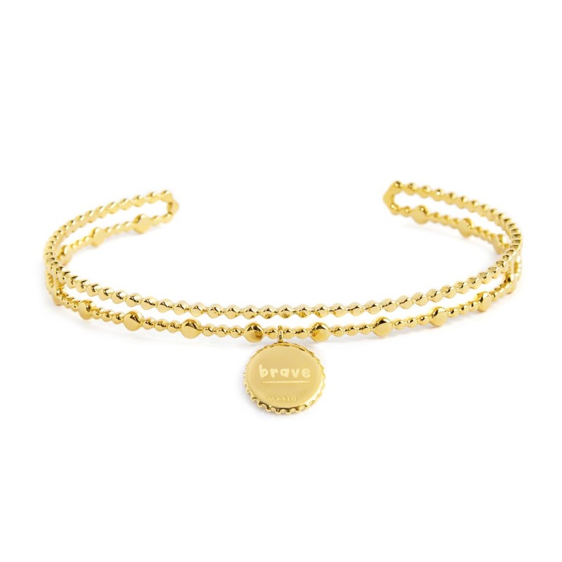S.S.GOLD IP DOUBLE BANGLE WITH MEDAL S.steel gold ip double bangle size 57*48 mm, the first texture bangle is small balls and se S.S.GOLD IP DOUBLE BANGLE WITH MEDAL S.steel gold ip double bangle size 57*48 mm, the first texture bangle is small balls and se