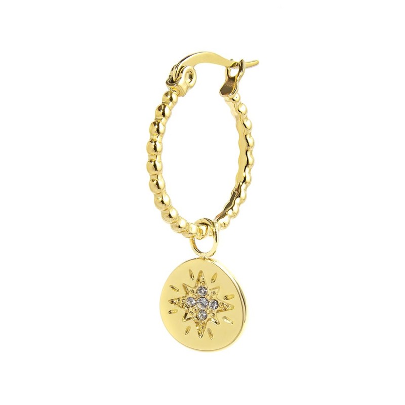 S.S.GOLD IP SINGLE ROUND EARRING WITH MEDAL PEND S.steel gold ip single round earring with balls texture, 16,30 mm diameter, 1,4 S.S.GOLD IP SINGLE ROUND EARRING WITH MEDAL PEND S.steel gold ip single round earring with balls texture, 16,30 mm diameter, 1,4