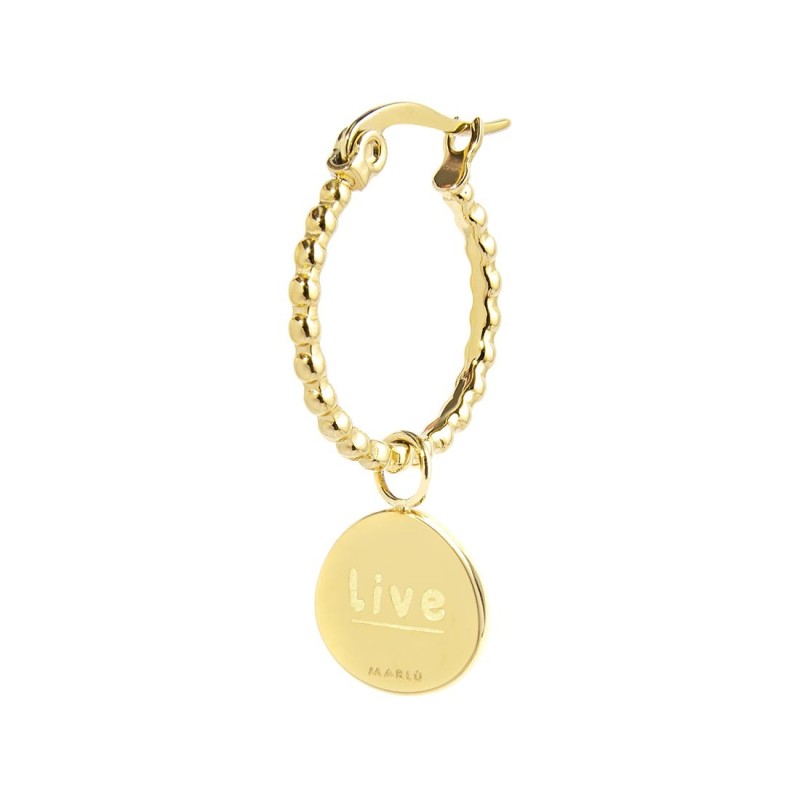 S.S.GOLD IP SINGLE ROUND EARRING WITH MEDAL PEND S.steel gold ip single round earring with balls texture, 16,30 mm diameter, 1,4 S.S.GOLD IP SINGLE ROUND EARRING WITH MEDAL PEND S.steel gold ip single round earring with balls texture, 16,30 mm diameter, 1,4