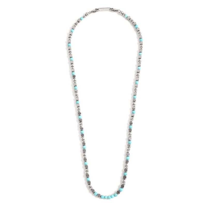 S.STEEL NECKLACE TURQUOISE STONE S.steel necklace with 4.40mm composite turquoise stone, 3.75mm hematite stone, 4.80mm and 4.00m S.STEEL NECKLACE TURQUOISE STONE S.steel necklace with 4.40mm composite turquoise stone, 3.75mm hematite stone, 4.80mm and 4.00m