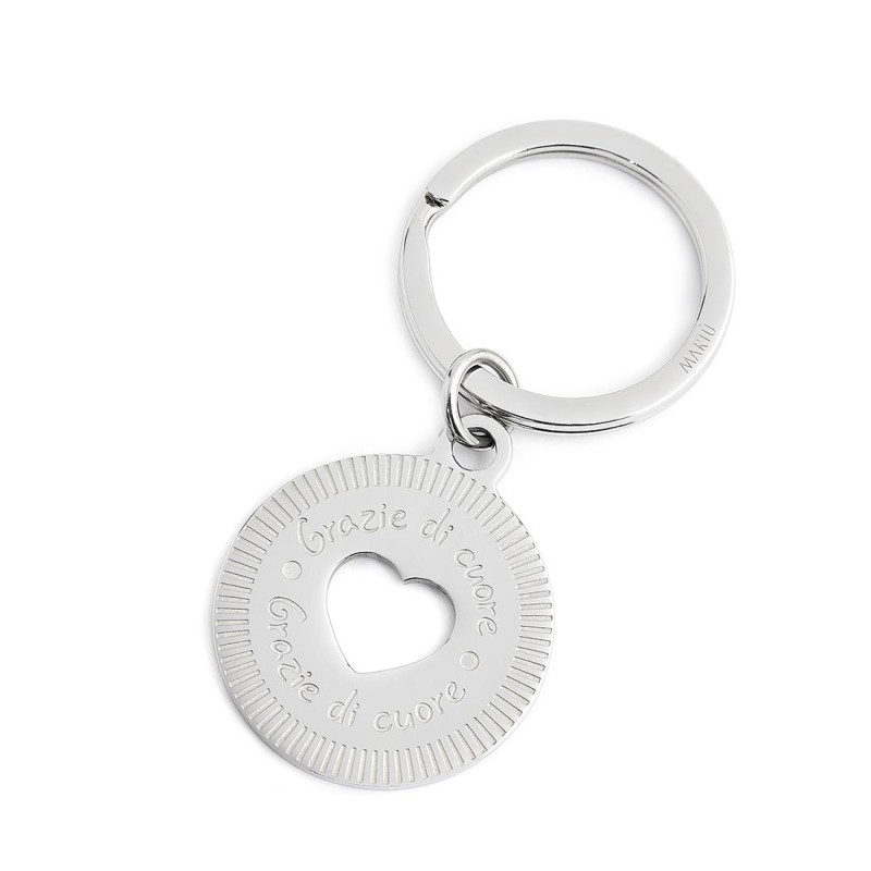 S.STEEL KEYRING WITH ROUND PENDANT "GRAZIE DI CUORE" Polished s.steel keyring with round pendant. Keyring is with 30 mm diameter S.STEEL KEYRING WITH ROUND PENDANT "GRAZIE DI CUORE" Polished s.steel keyring with round pendant. Keyring is with 30 mm diameter
