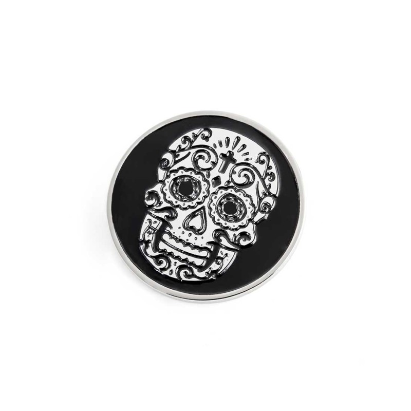 S.STEEL ROUND PLATE WITH MEXICAN SKULL Polished s.steel round plate 16,20 mm diameter, 1 mm thickness with on the front side mex S.STEEL ROUND PLATE WITH MEXICAN SKULL Polished s.steel round plate 16,20 mm diameter, 1 mm thickness with on the front side mex