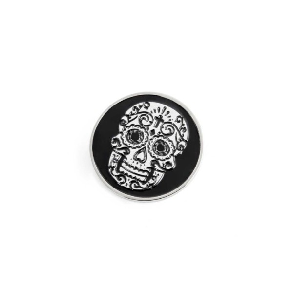 S.STEEL ROUND PLATE WITH MEXICAN SKULL Polished s.steel round plate 16,20 mm diameter, 1 mm thickness with on the front side mex