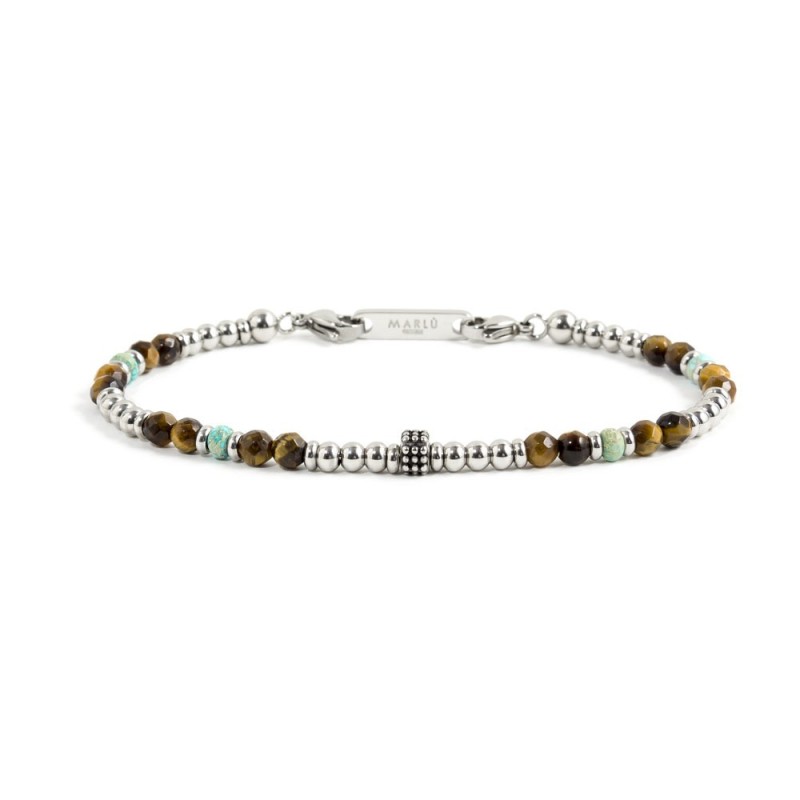 S.S. BRACELET BROWN AND TURQUOISE STONE S.steel bracelet with 4.10mm faceted tiger eye stone, 4.40mm composite turquoise stone,