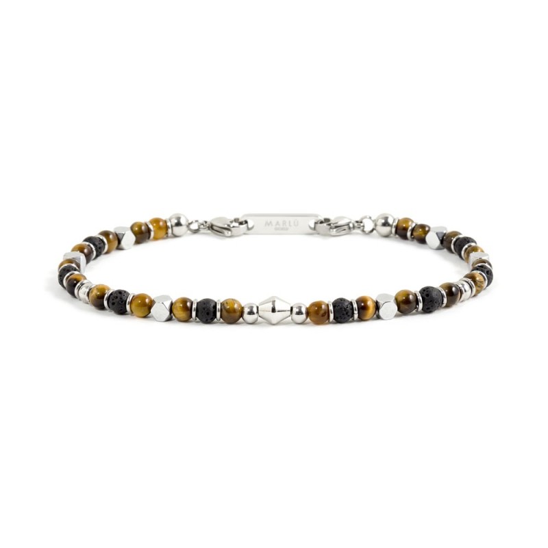 S.S. BRACELET TIGER EYE AND BLACK STONE S.steel bracelet with 4.30mm tiger eye stone, 4.90mm lava stone, 3.85mm crome hematite s S.S. BRACELET TIGER EYE AND BLACK STONE S.steel bracelet with 4.30mm tiger eye stone, 4.90mm lava stone, 3.85mm crome hematite s