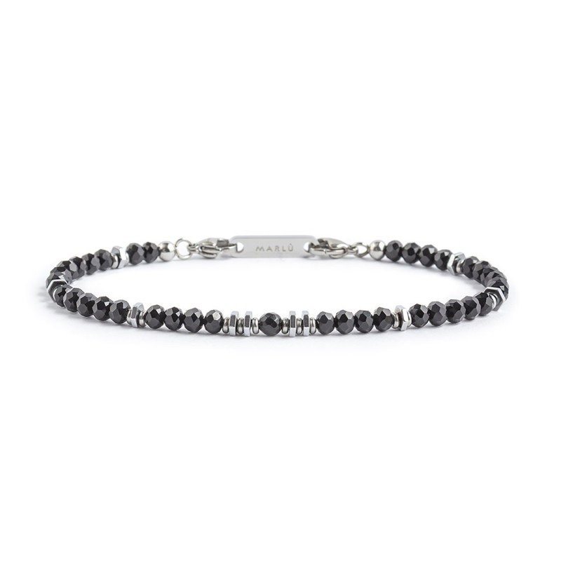 S.STEEL BR WITH BLACK AGATE AND HEMATITE S.steel bracelet with box rounded chain, 0,80 mm thickness. In the center black agate s S.STEEL BR WITH BLACK AGATE AND HEMATITE S.steel bracelet with box rounded chain, 0,80 mm thickness. In the center black agate s