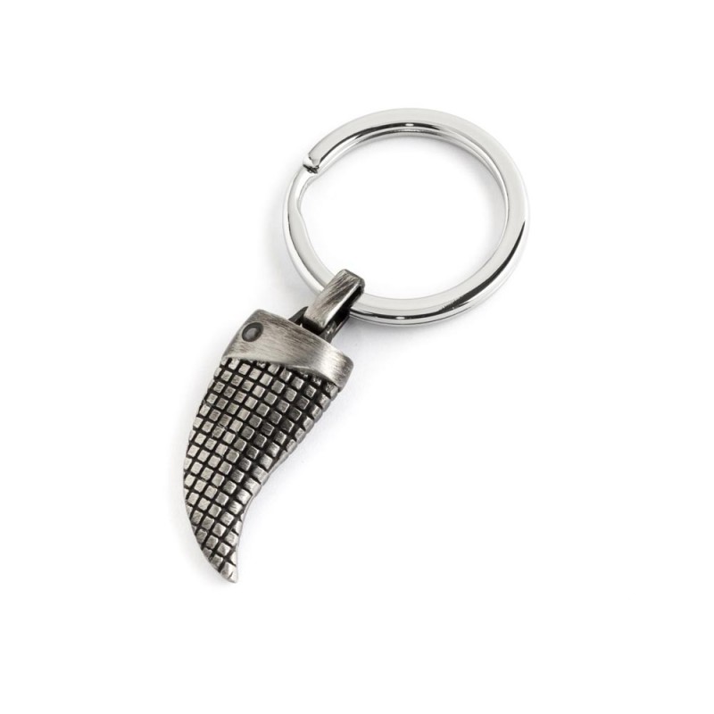 BURNISHED STEEL HORN KEYRING Keyring in burnished steel with 32.7 mm ashlar horn and black cz stone.Man Class 25 Collection BURNISHED STEEL HORN KEYRING Keyring in burnished steel with 32.7 mm ashlar horn and black cz stone.Man Class 25 Collection
